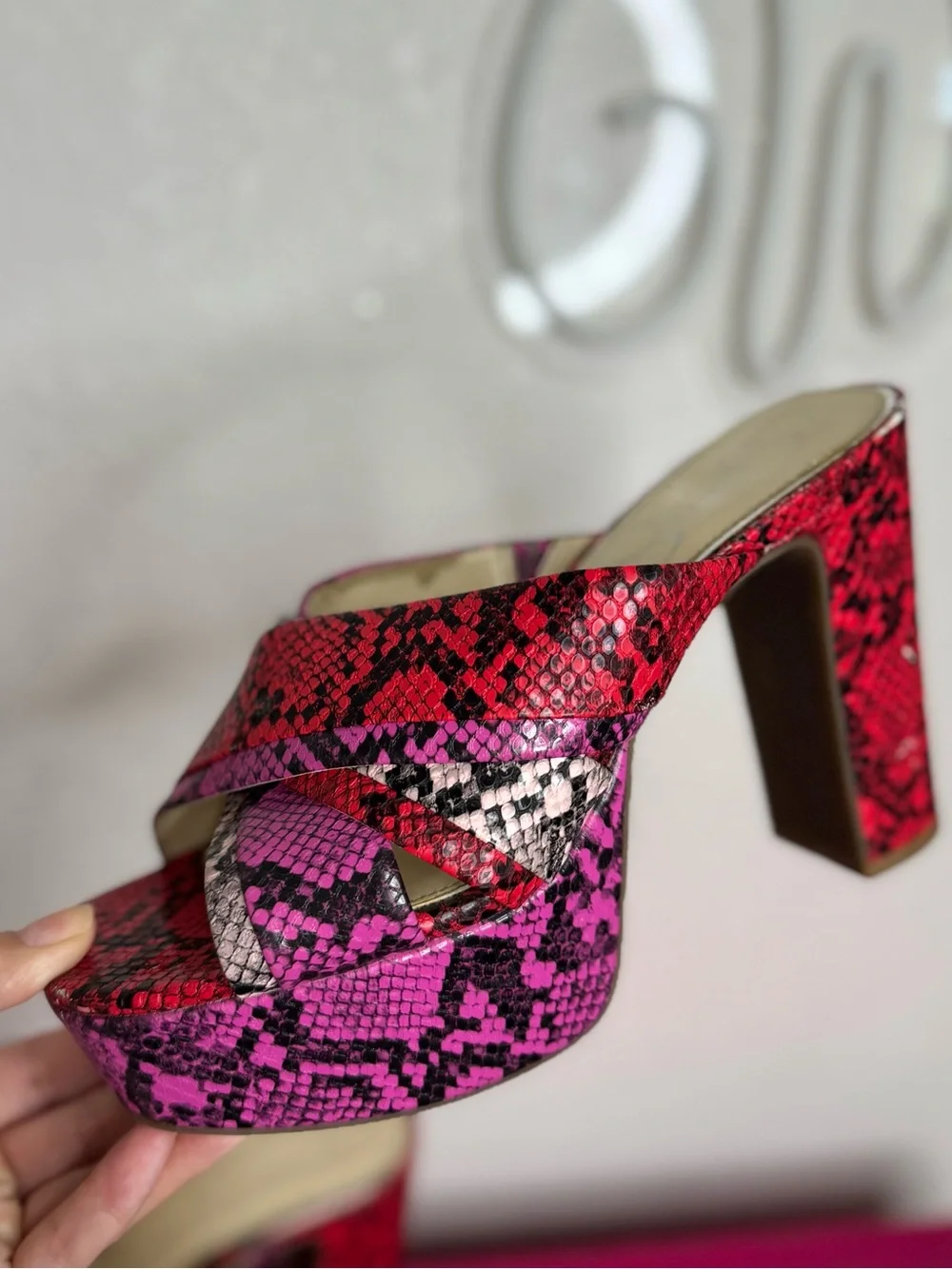 JESSICA SIMPSON 💖 Hot Pink & Red Snake-Print Platform Mule Heels (Women’s 8.5)